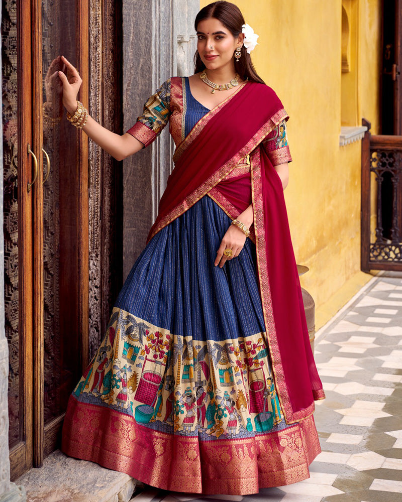 Navy Blue Color Poly Chanderi Printed Half Saree