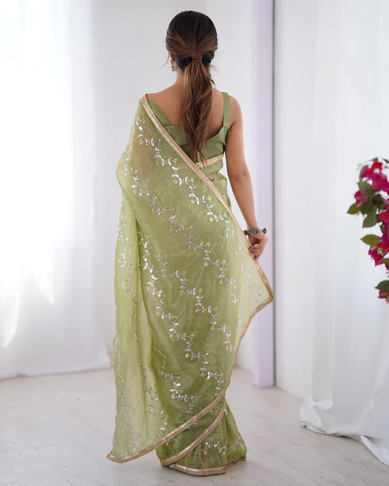 Pista Color Smooth Gold Crush Embroidered Saree