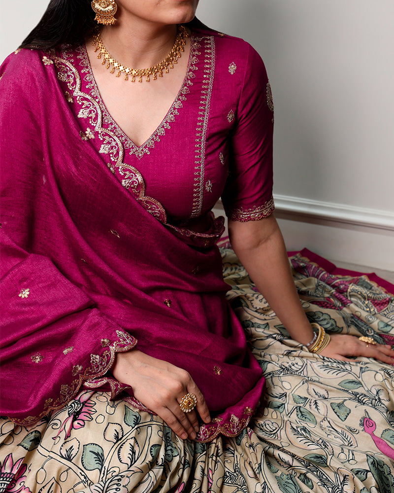 Cream Color Tussar Silk Kalamkari Printed Lehenga Choli