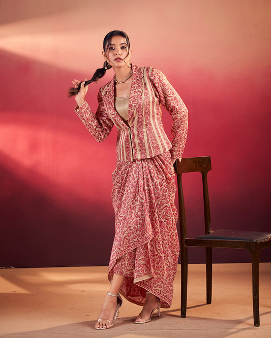 Salmon Printed Jacket Style Indo-Western Co-Ord Set