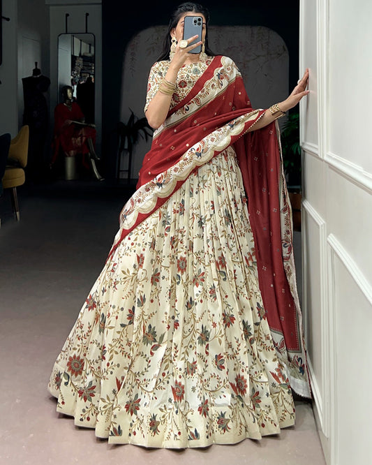 Off-White Color Tasar Silk Foil Printed Lehenga Choli