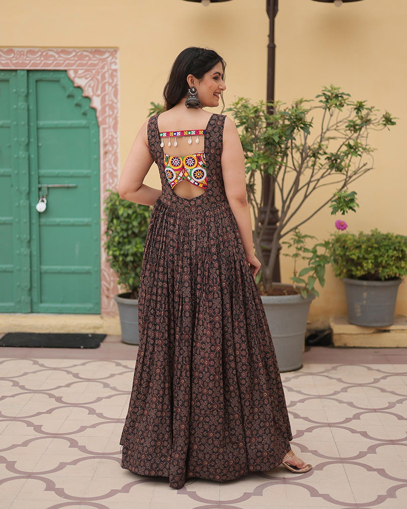Black Color Cotton Printed Navratri Gown