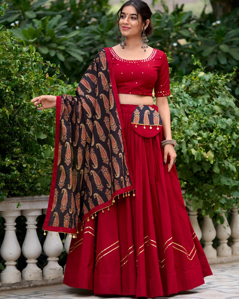 Maroon Color Cotton Plain Navratri Lehenga Choli