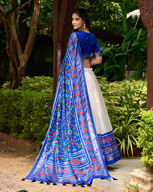 Royal Blue Color Tussar Silk Patola Printed Lehenga Choli