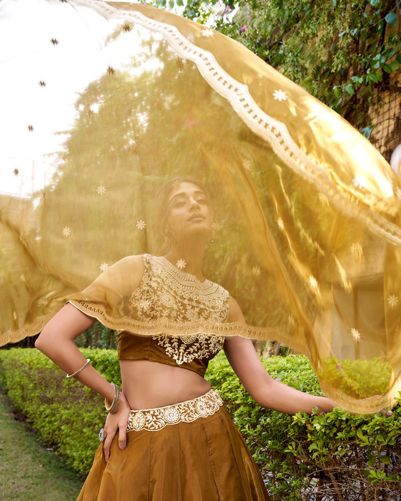 Mustard Gold Color Chanda Silk Embroidered Lehenga Choli