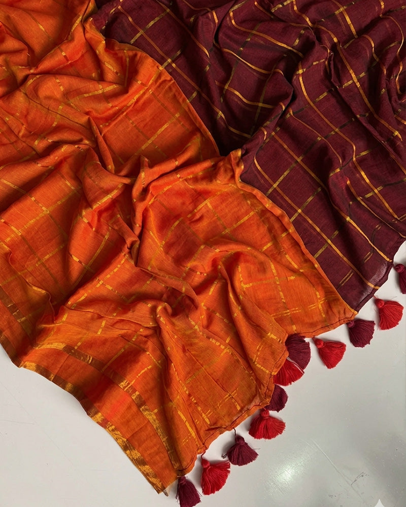 Rust Orange Color Pure Mal Cotton Chex Printed Saree
