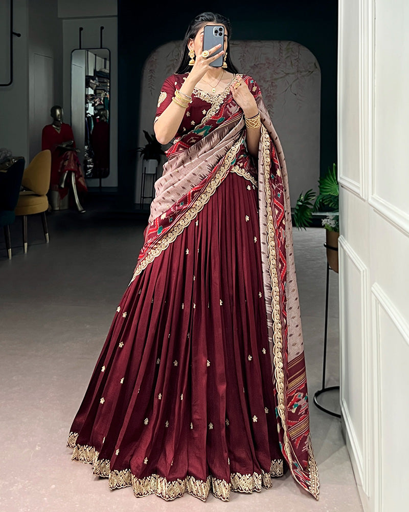 Premium Maroon Embroidered Vichitra Silk Lehenga Choli