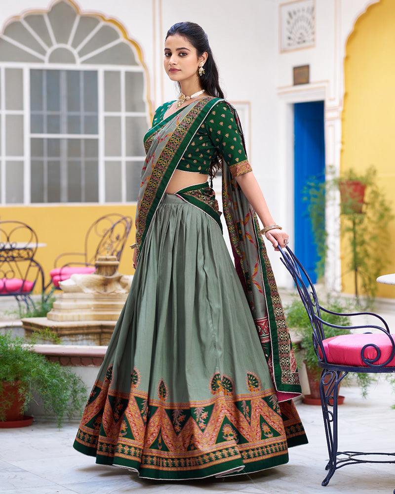 Green Color Tasar Silk Printed Sparkle Lehenga Choli