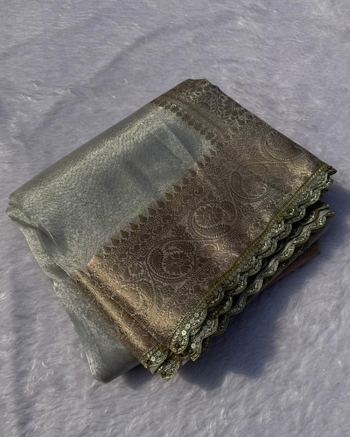 Grey Color Silver Zari Weaving Tissue Saree