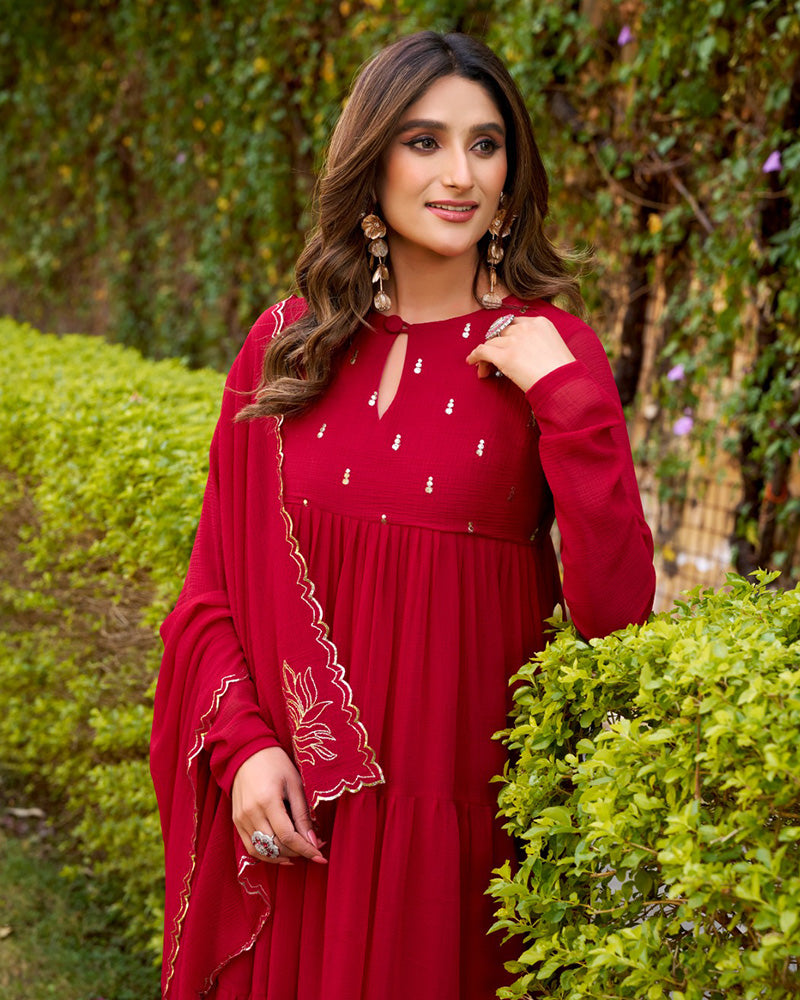 Rani Pink Color Marble Three Piece Anarkali Suit