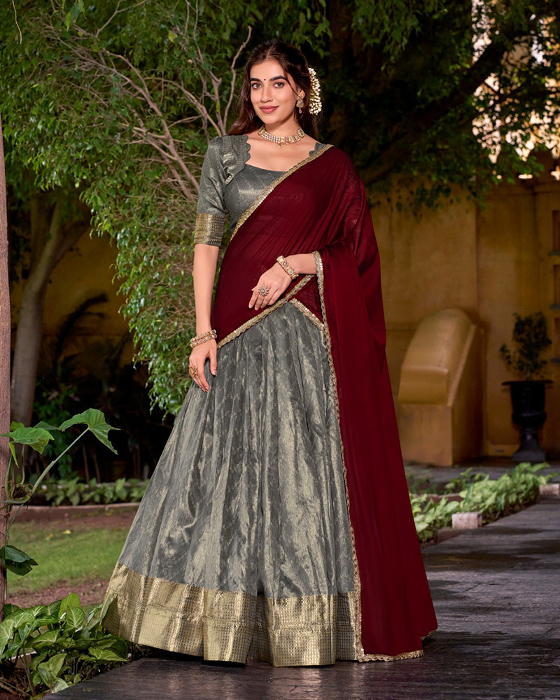 Grey Color Dupion Silk Zari Weaving Half Saree