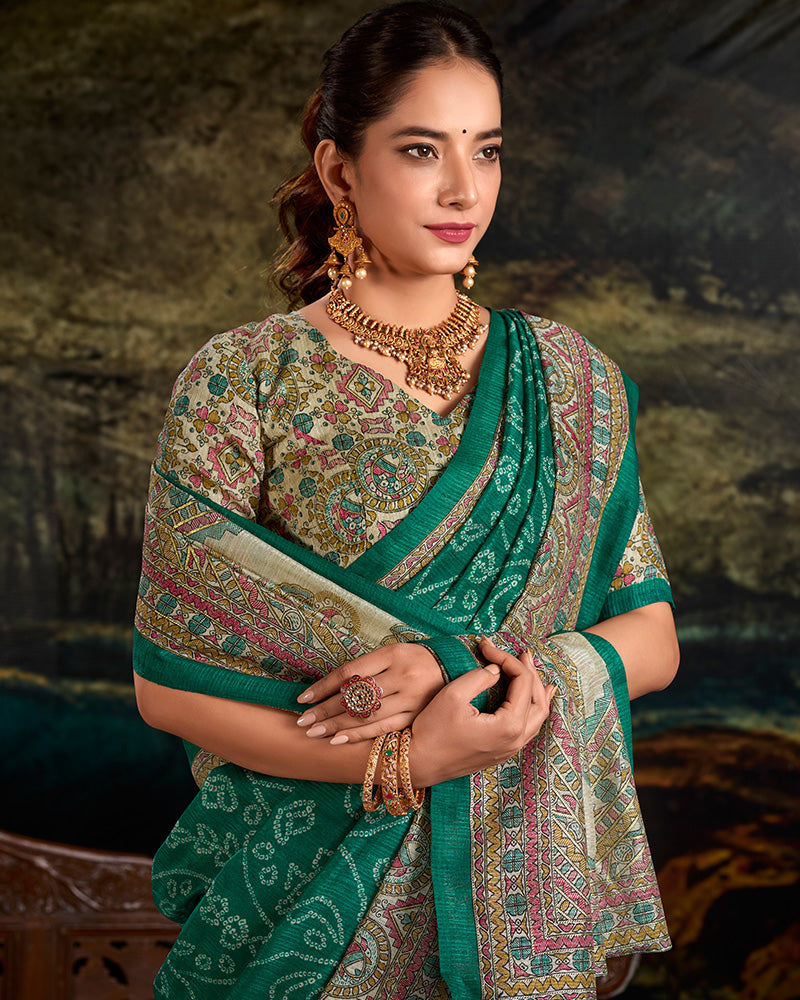 Green Color Green Silk Fusion Printed Saree