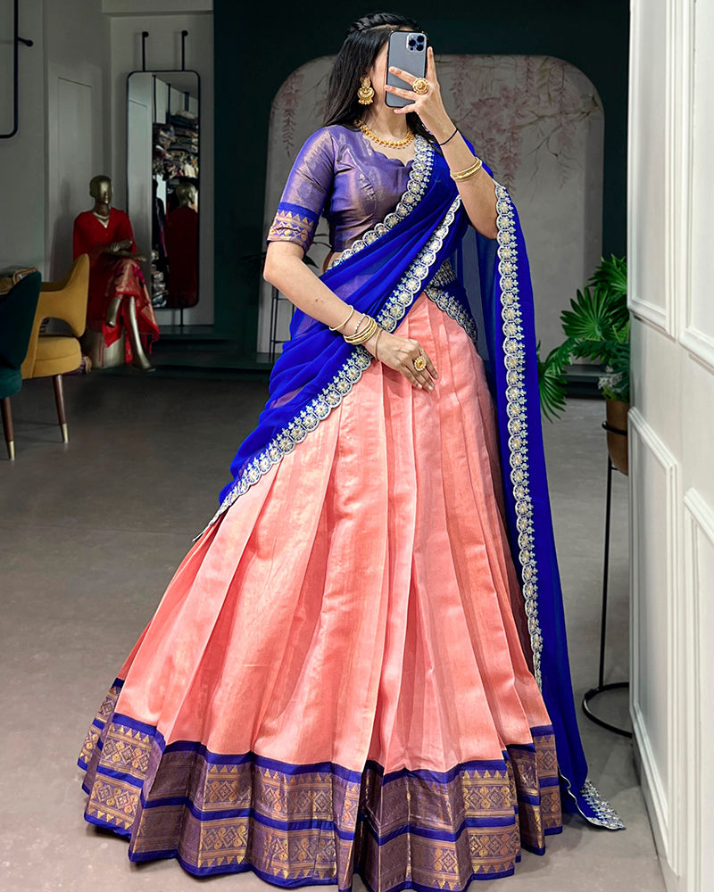 Designer Peach Color Kanchipuram Zari Weaving Half Saree