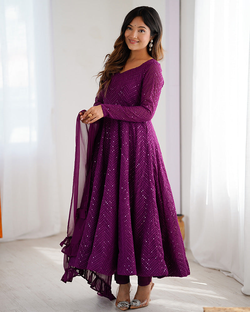 Wine Color Georgette Lucknowi Three Piece Anarkali Suit