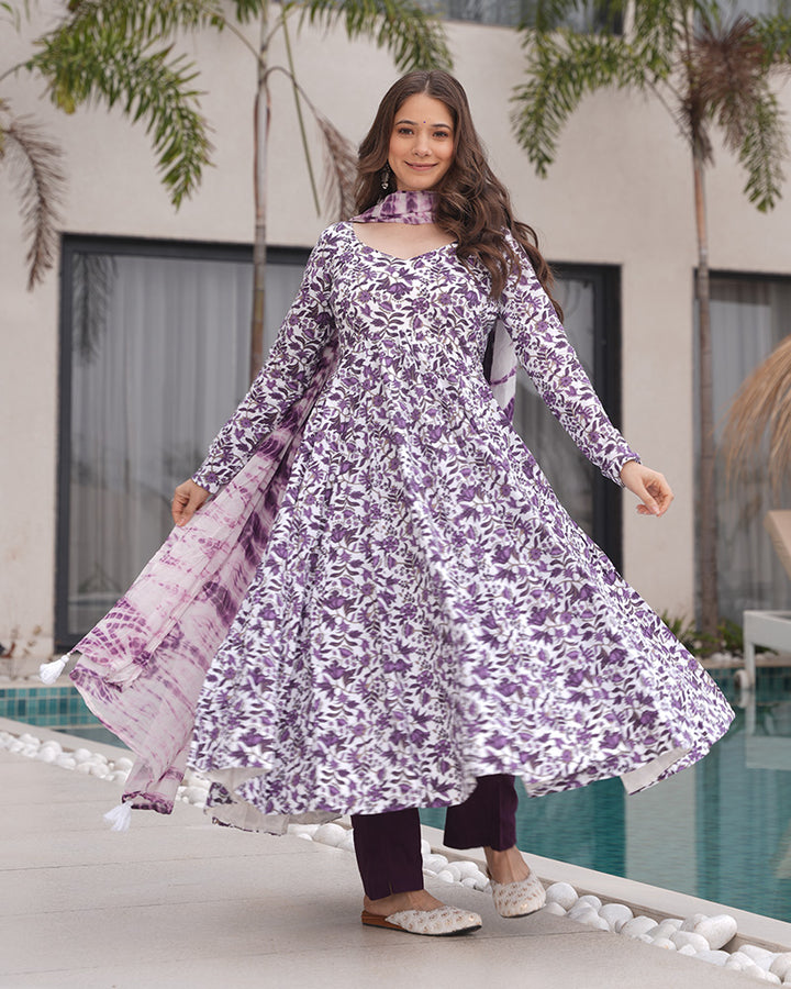 White And Purple Color Floral Printed Cotton Anarkali Suit