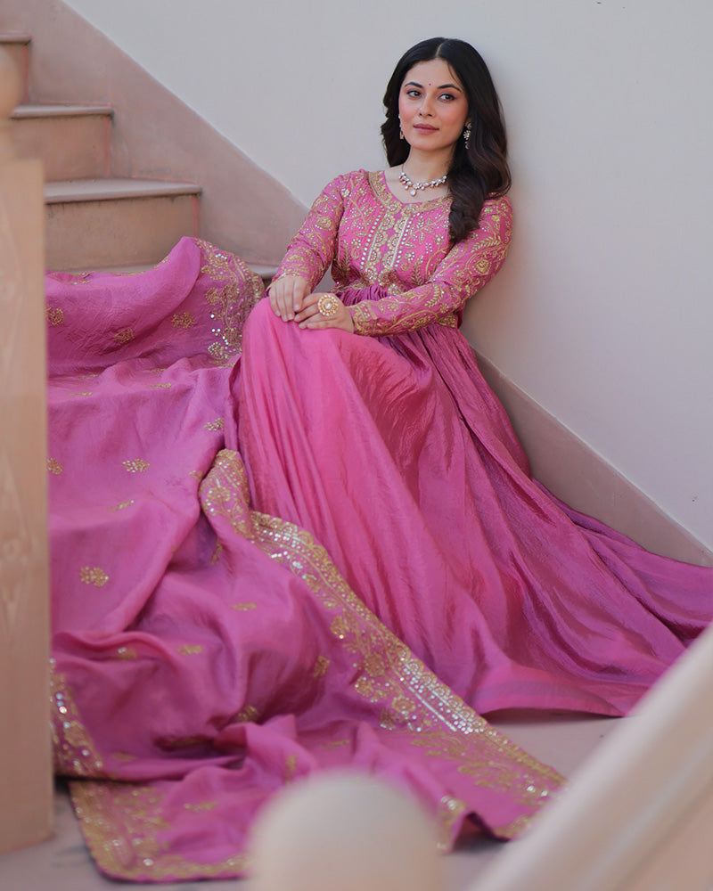 Pink Color Gold Crush Embroidered Work Gown