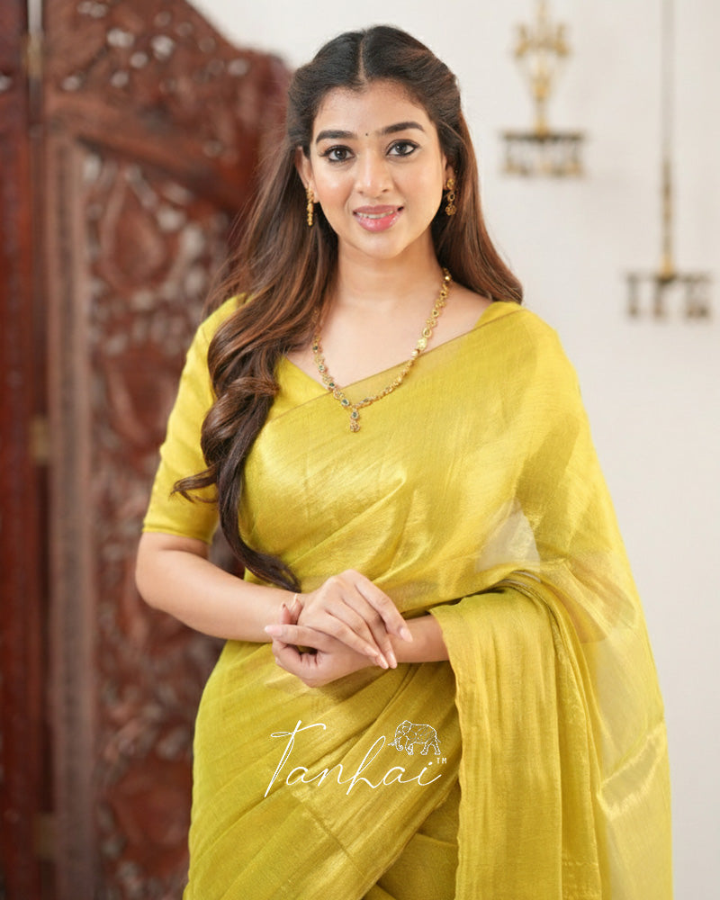 Yellow Color Handloom Raga Tissue Cotton Saree