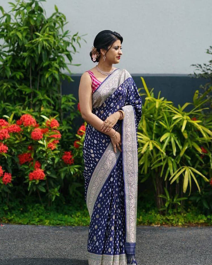 Heavy Designing Navy Blue Color Banarasi Soft Silk Saree