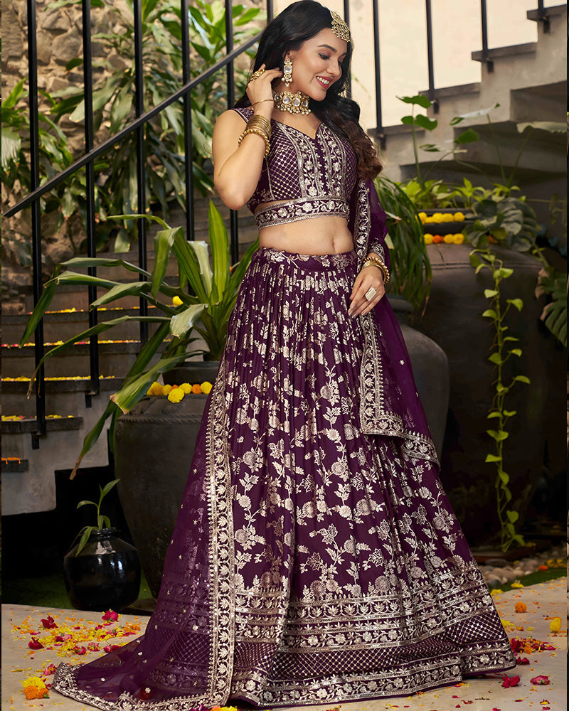 Wine Color Dola Silk Jacquard Lehenga Choli