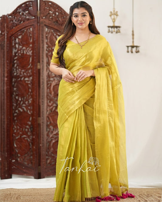 Yellow Color Handloom Raga Tissue Cotton Saree