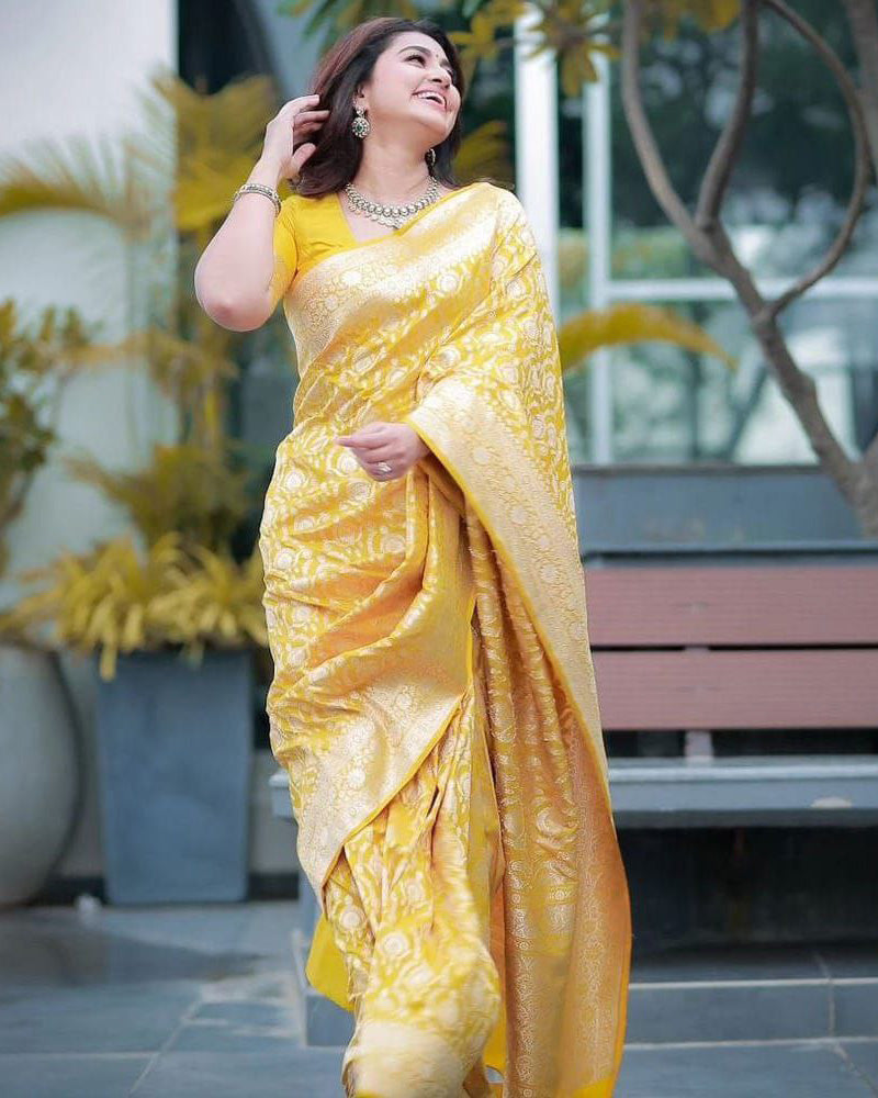 Heavy Designing Yellow Color Jacquard Print Soft Silk Saree