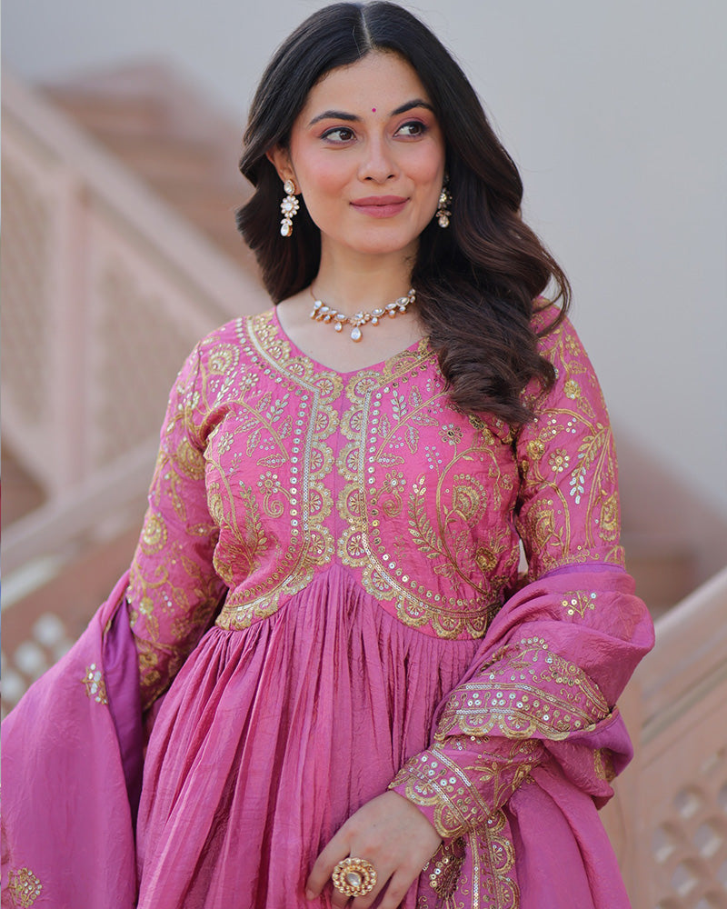 Pink Color Gold Crush Embroidered Work Gown