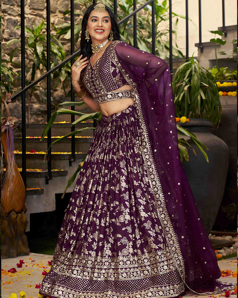 Wine Color Dola Silk Jacquard Lehenga Choli