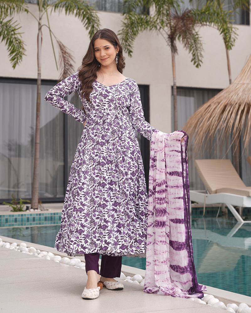 White And Purple Color Floral Printed Cotton Anarkali Suit