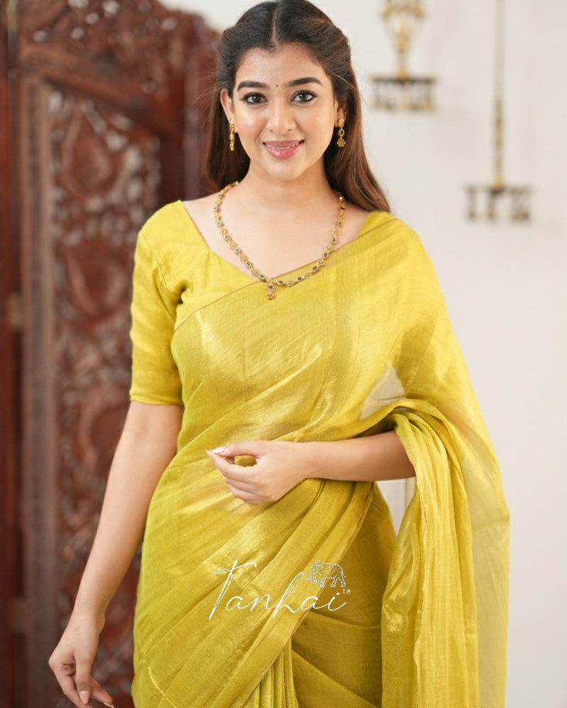 Yellow Color Handloom Raga Tissue Cotton Saree