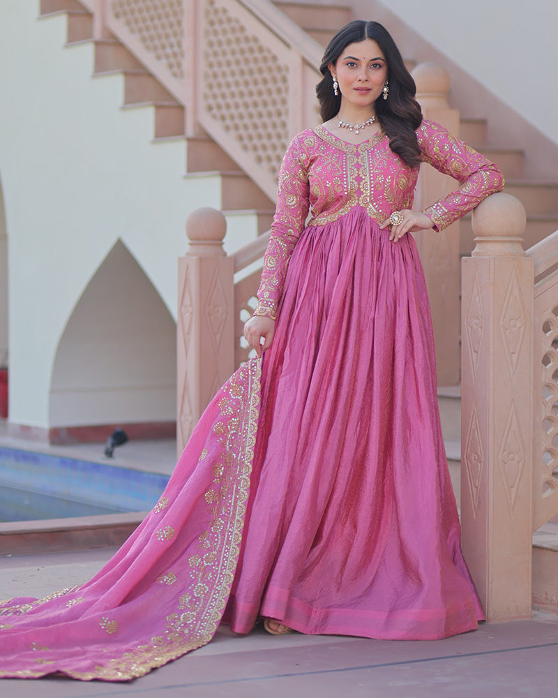 Pink Color Gold Crush Embroidered Work Gown