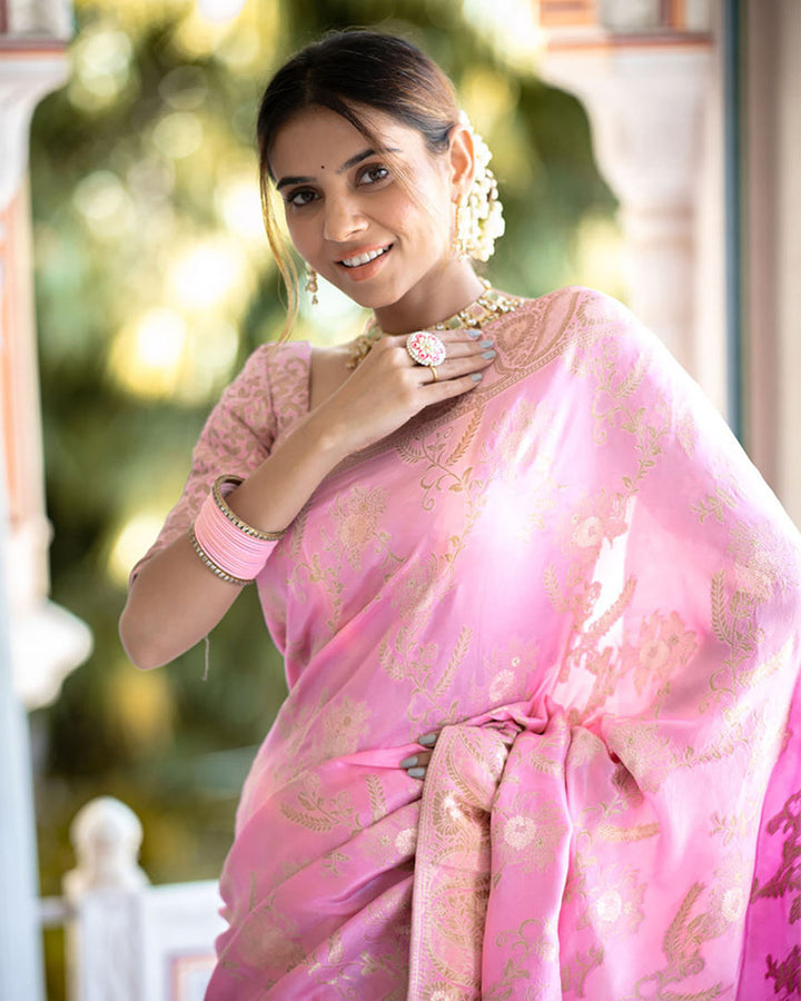 Pink Color Banarasi Jacquard Zari Weaving Saree