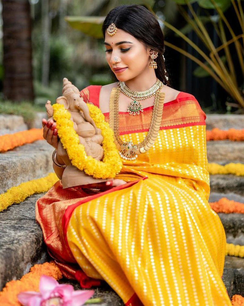 Heavy Designing Yellow And Red Color Banarasi Soft Silk Saree