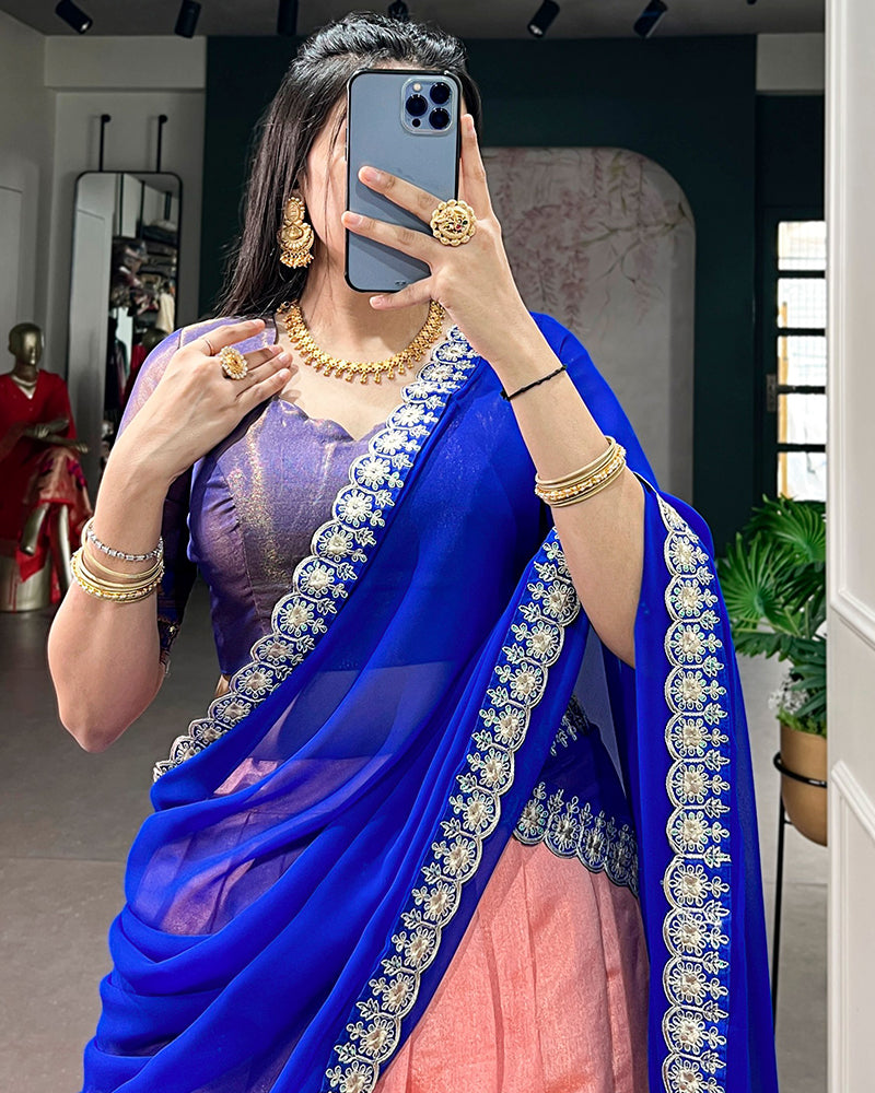 Designer Peach Color Kanchipuram Zari Weaving Half Saree