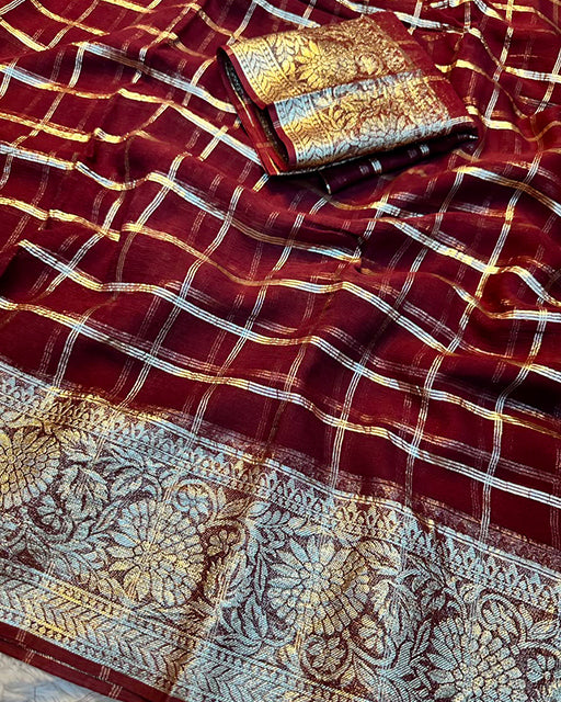 Brown Color Viscose Georgette Chex Saree