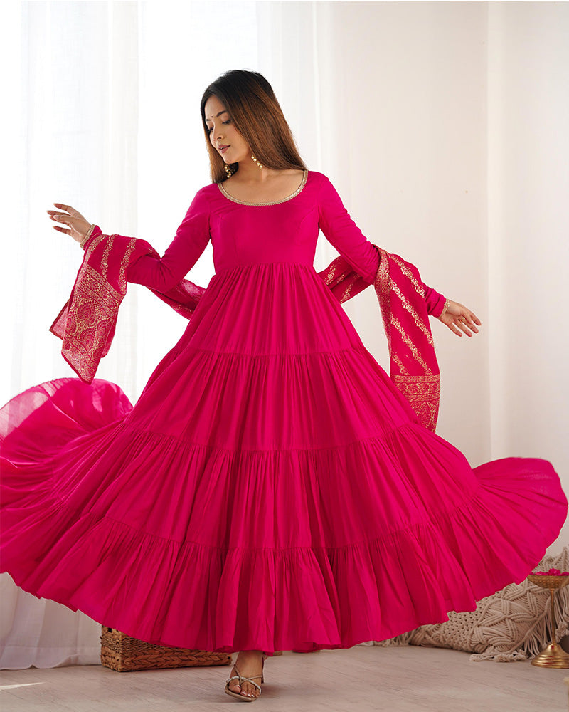 Rani Pink Color Pure Roman Silk Ruffle Style Anarkali Suit