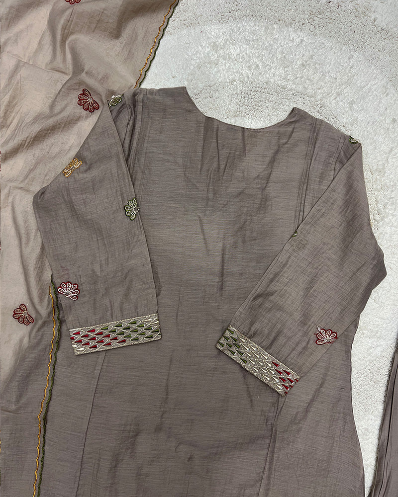 Chocolate Color Mal Cotton Three Piece Kurti Suit