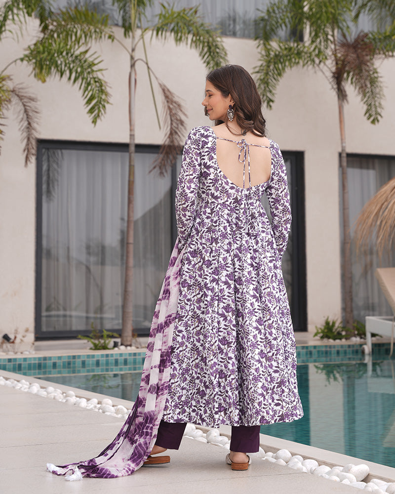 White And Purple Color Floral Printed Cotton Anarkali Suit