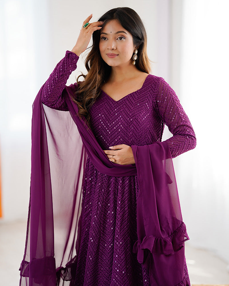 Wine Color Georgette Lucknowi Three Piece Anarkali Suit