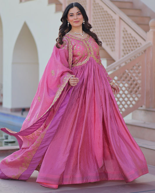 Pink Color Gold Crush Embroidered Work Gown