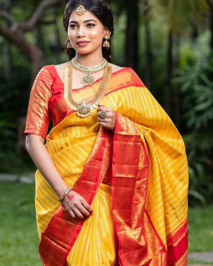 Heavy Designing Yellow And Red Color Banarasi Soft Silk Saree