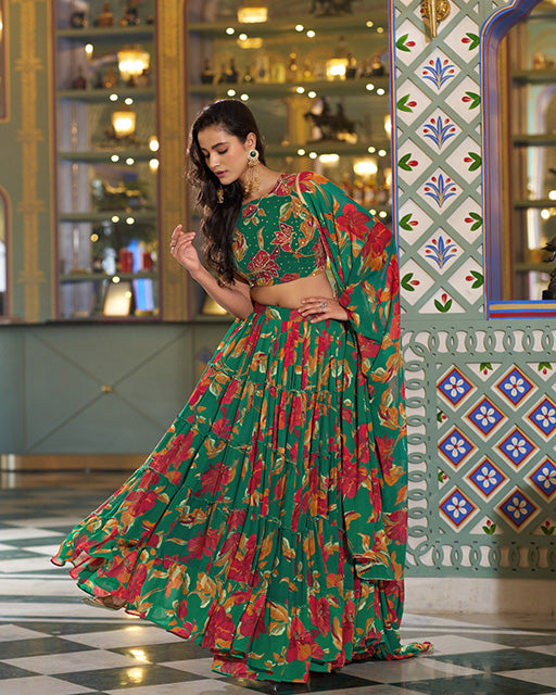 Green Color Marble Floral Printed Lehenga Choli