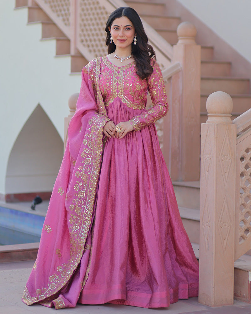 Pink Color Gold Crush Embroidered Work Gown