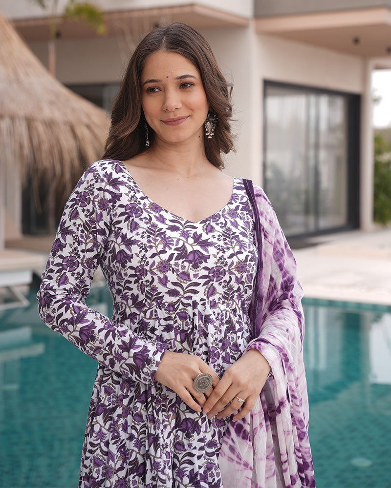 White And Purple Color Floral Printed Cotton Anarkali Suit