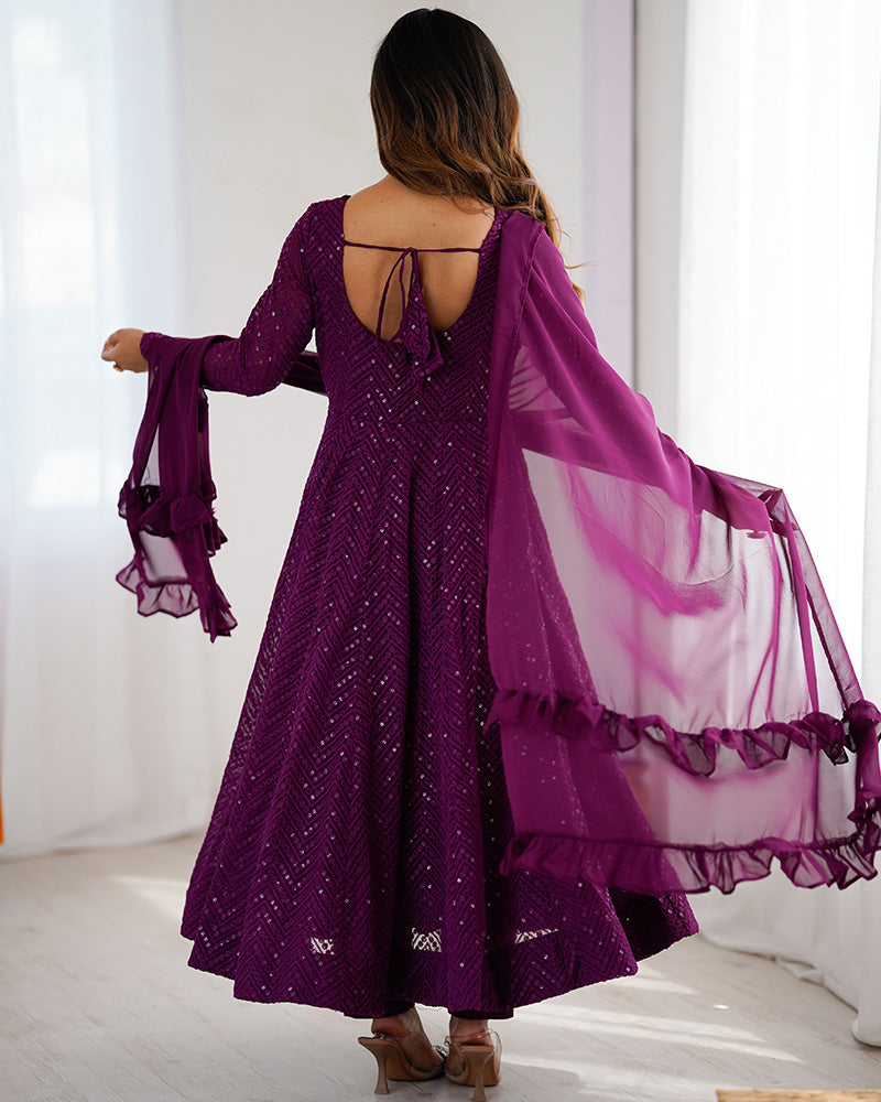 Wine Color Georgette Lucknowi Three Piece Anarkali Suit