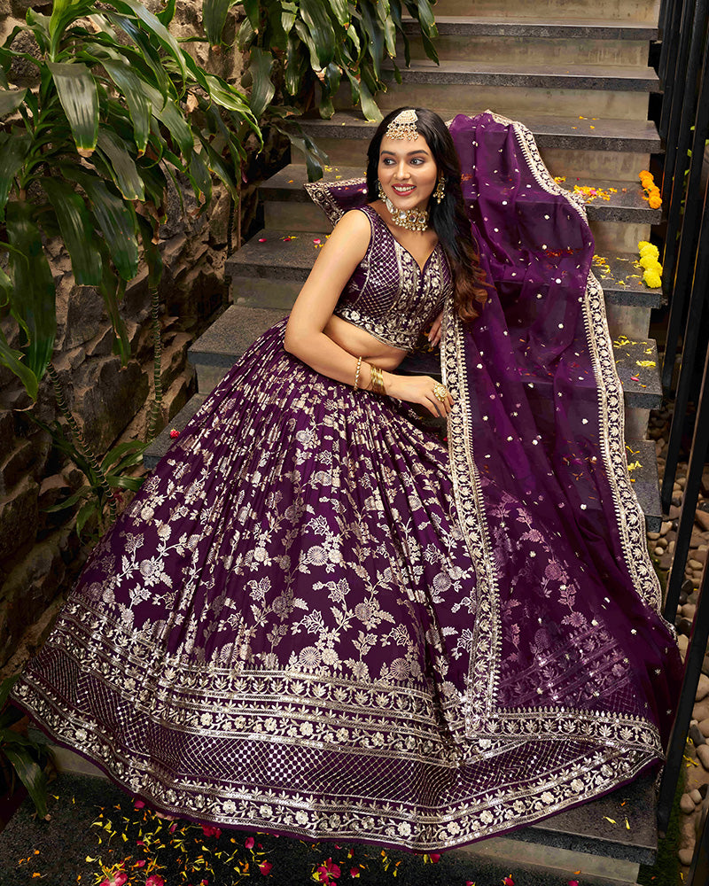 Wine Color Dola Silk Jacquard Lehenga Choli