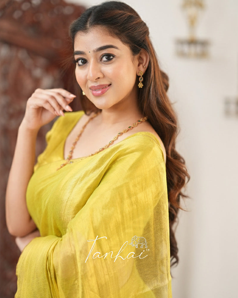 Yellow Color Handloom Raga Tissue Cotton Saree