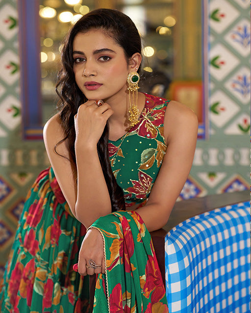 Green Color Marble Floral Printed Lehenga Choli