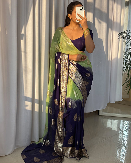 Parrot Green Color 2D Viscose Georgette Shaded Saree