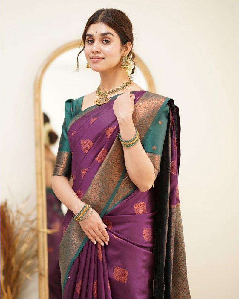 Wine Color Jacquard Print Banarasi Soft Silk Saree