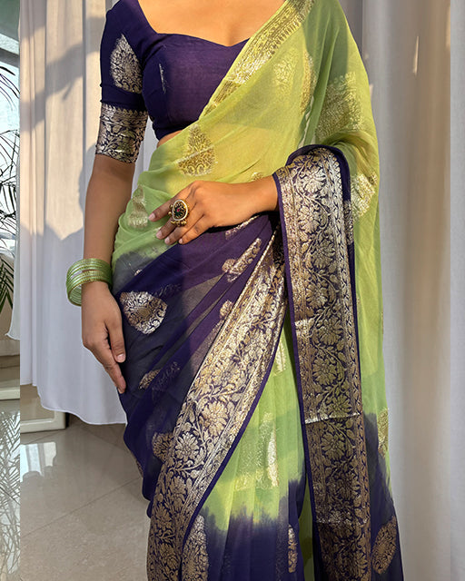 Parrot Green Color 2D Viscose Georgette Shaded Saree